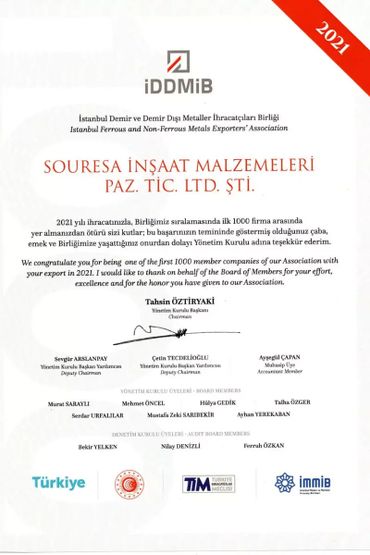 SOURESA Top 1000 Exporter in Turkey Certificate 2021