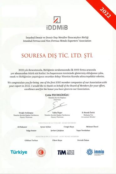 SOURESA Top 1000 Exporter in Turkey Certificate 2022