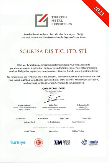 SOURESA Top 1000 Exporter in Turkey Certificate 2023