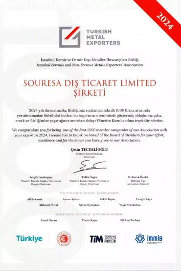 SOURESA Top 1000 Exporter in Turkey Certificate 2024