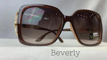 Elegant brown oversized sunglasses with UV protection labeled Beverly.