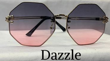 Hexagonal sunglasses with gradient pink-purple lenses and gold frame.