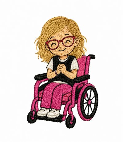 Girl with glasses sitting in a pink wheelchair, smiling.