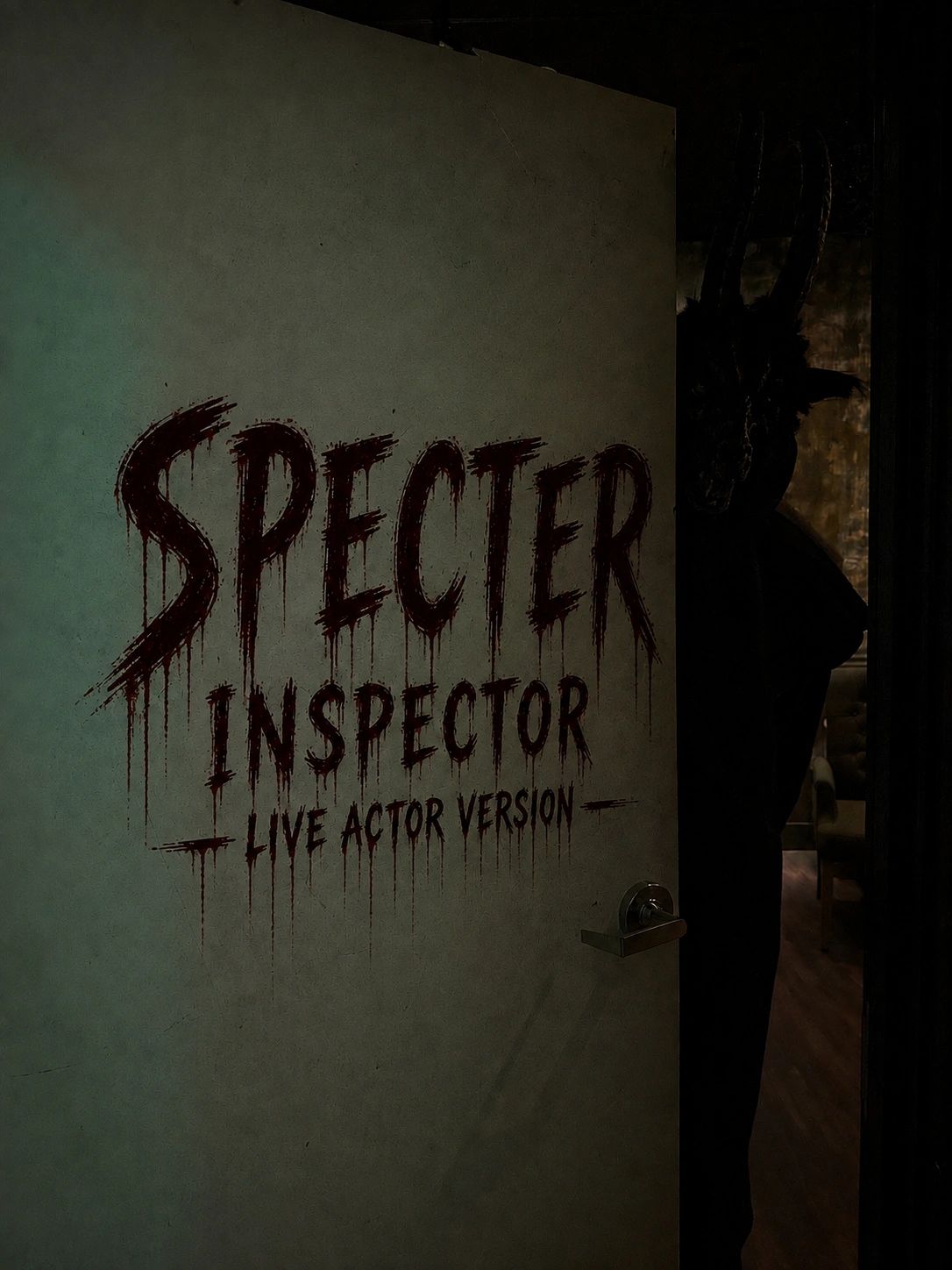Door with creepy "Specter Inspector Live Actor Version" text and shadowy figure.
