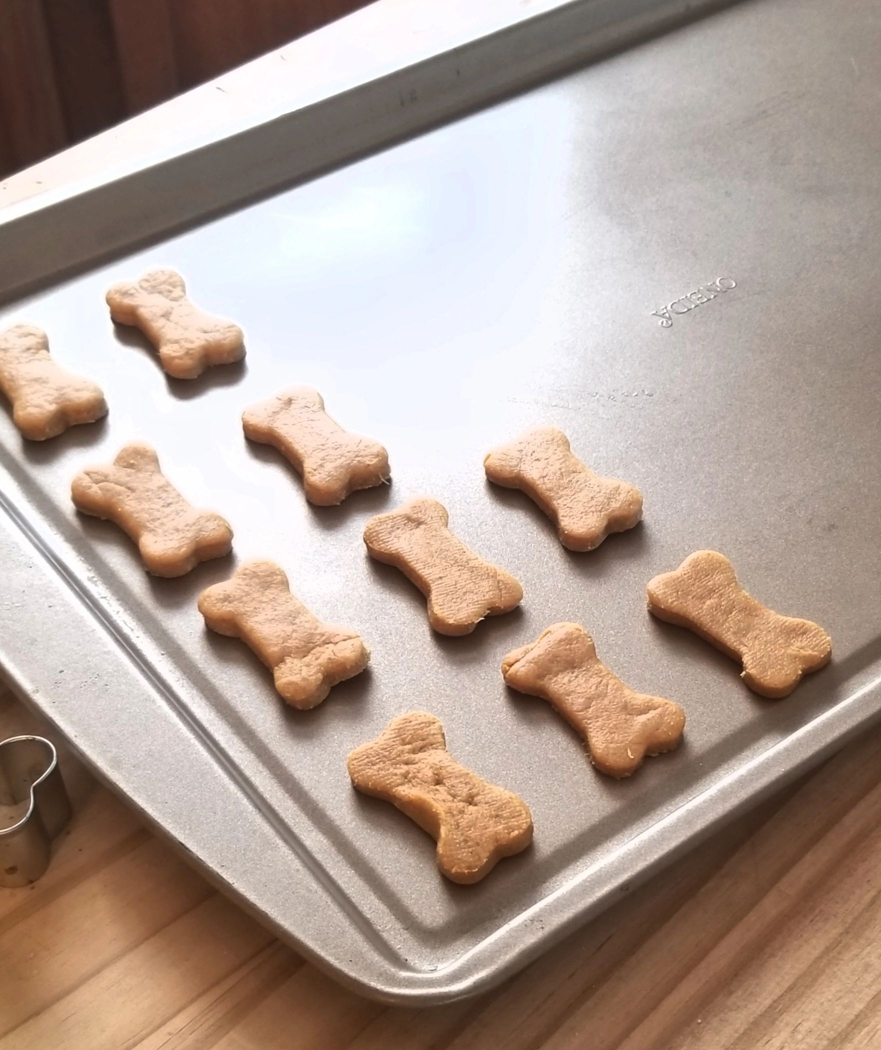 Bone-shaped dog biscuits on a baking tray.