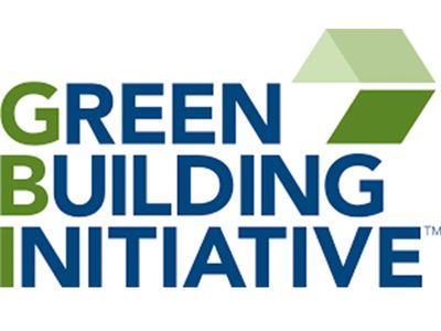 Logo of the Green Building Initiative with green and blue text and geometric shapes.