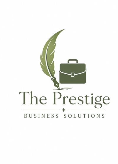 Logo of The Prestige Business Solutions with a quill and briefcase.