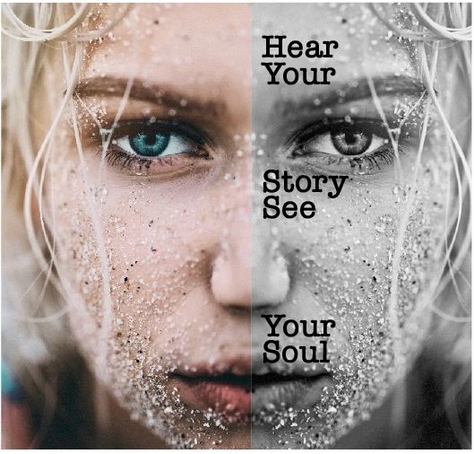 Close-up of a woman's face with sand, split into color and black-and-white, with inspirational text.