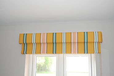 Ottoline Sporty Stripes Fabric. Roman Blind with matching pelmet. Made by Kate Robins Curtains.