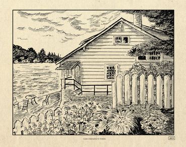Cuba Lake cottage portrait, pen & ink
