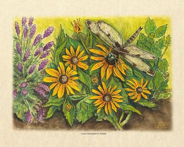 Dragonfly Garden, watercolor and pen