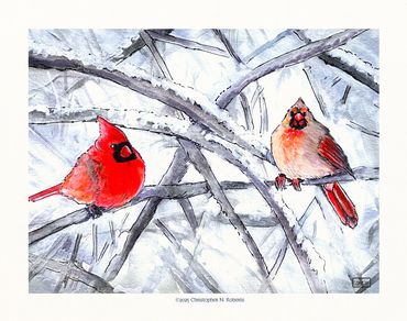 Pair of Cardinals in Winter, gouache with pen