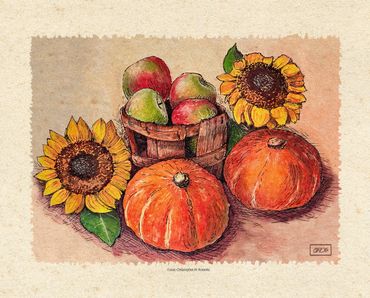 Fall Harvest, watercolor and pen
