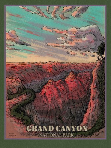 Grand Canyon Nation Park commemorative gift, pen and ink with digital color