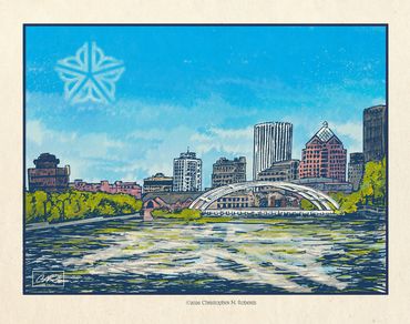Freddie-Sue Bride and Cityscape, Rochester, NY, Pen and Ink with digital color