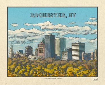 Rochester NY skyline, pen & ink and digital color