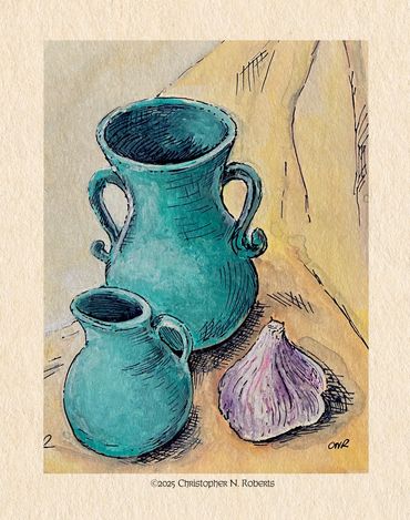 Green pottery and garlic clove, gouache with pen