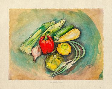 Farmer's Market Harvest, gouache with pen