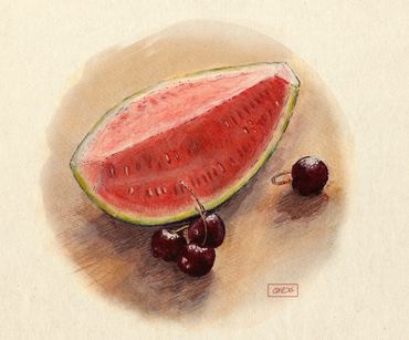 Watermelon and Cherries, watercolor & pen