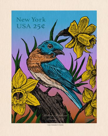 Blue Bird NYS Stamp Concept, pen & digital color