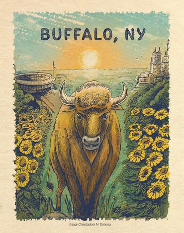 Buffalo NY Bison Sunset Scene, Pen and Ink with Digital Color