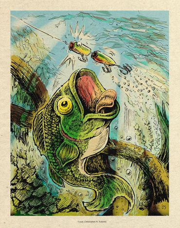 Bass & Lure, pen & ink and digital color