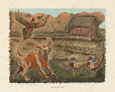 Pheasant Hunt Tables Turned, pen & ink with digital color