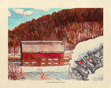 Winter Country Barn, watercolor and pen