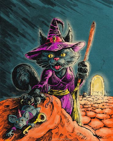 Black Witch Cat : "The Witch's Last Assistant", pen & ink with digital color