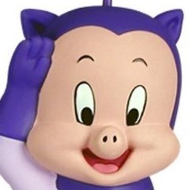 A cheerful purple cartoon pig waving with a big smile.