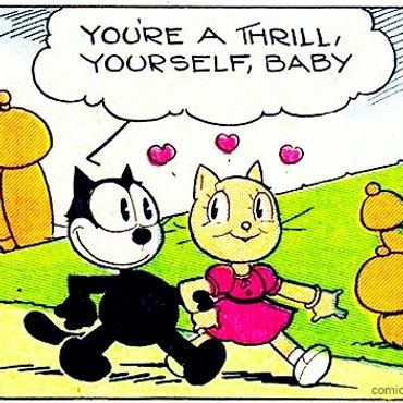 Two cartoon cats walking with hearts and a compliment.