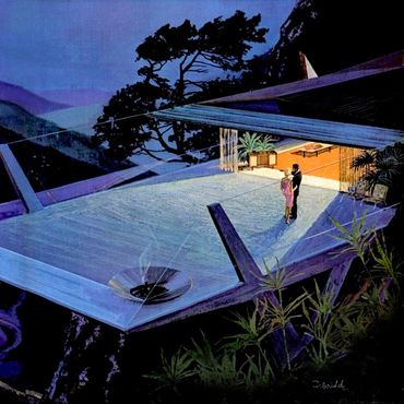 A couple stands on a futuristic balcony overlooking a mountainous night landscape.