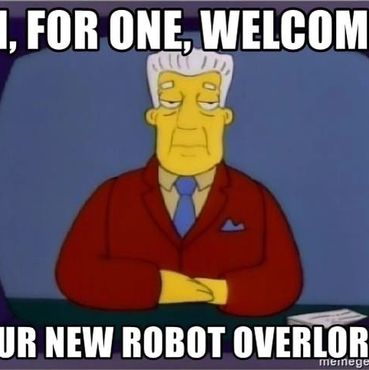 Cartoon character welcomes new robot overlords humorously.