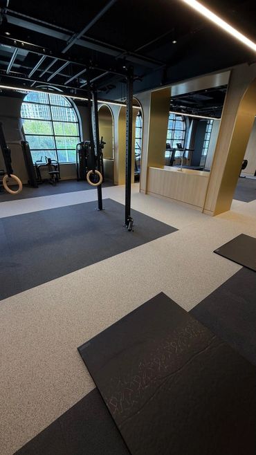 Modern gym interior with workout rings and large windows.