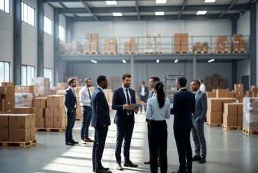 Business professionals discuss in a large warehouse filled with boxes.