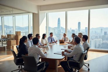 Business team meeting in a modern office with city views.