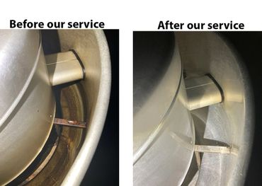 Upblast exhaust fan bowl before CleanHoods TX cleaned vs after CleanHoods TX cleaned