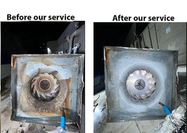 Upblast exhaust fan blades before CleanHoods TX cleaned vs after CleanHoods TX Cleaned