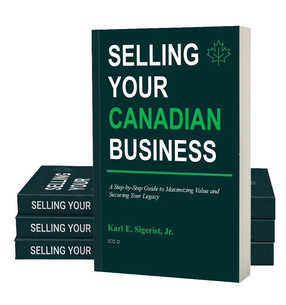 The book cover for Selling Your Canadian Business infront of three stacked books