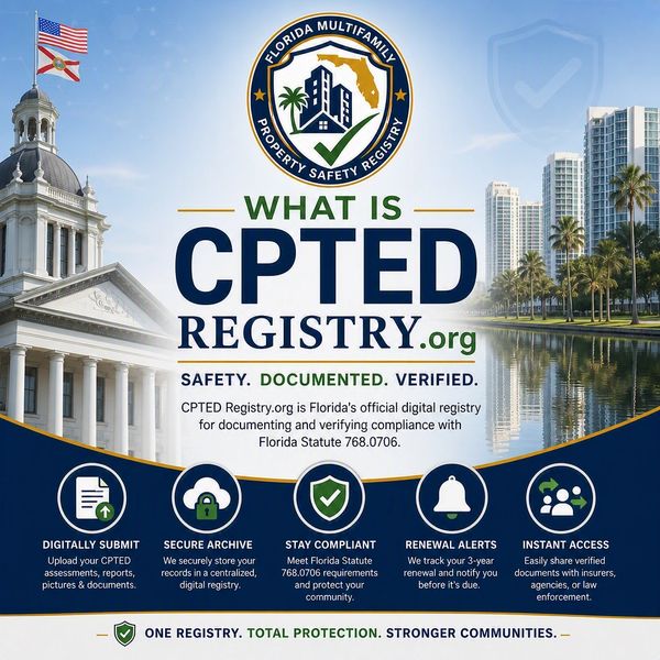 The CPTED Registry.org serves as Florida’s centralized compliance database for FS 768.0706. It secur