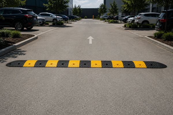 Yellow and black speed bump in a parking lot.