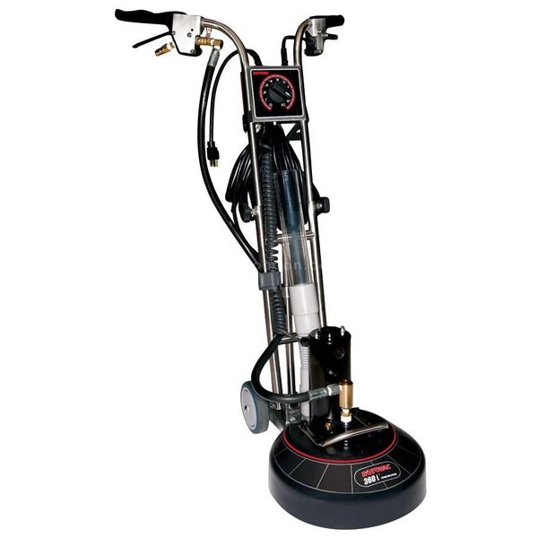 Commercial carpet cleaning machine with hose and controls.
