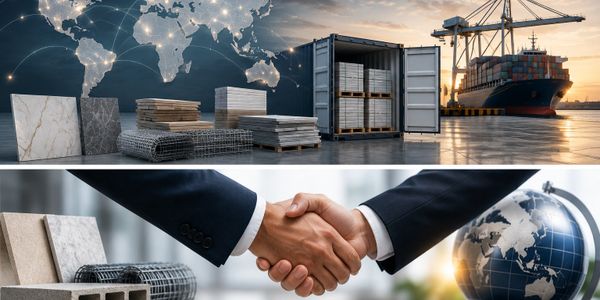 Global trade and partnership in construction materials with container shipping and handshake.