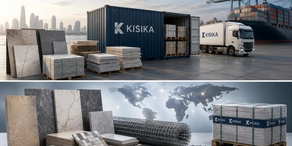 Industrial shipping scene with Kisika containers, trucks, and stone materials.