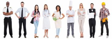 Group of diverse professionals in various uniforms and attire.
