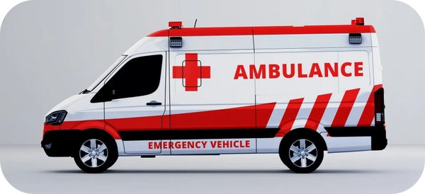 Ambulance on white background representing fast emergency medical services response.