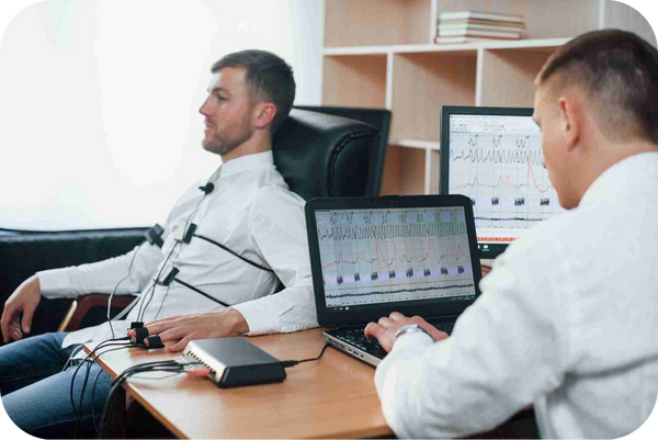 Two men discuss ECHO, treadmill test, and ECG results while seated at a hospital desk.