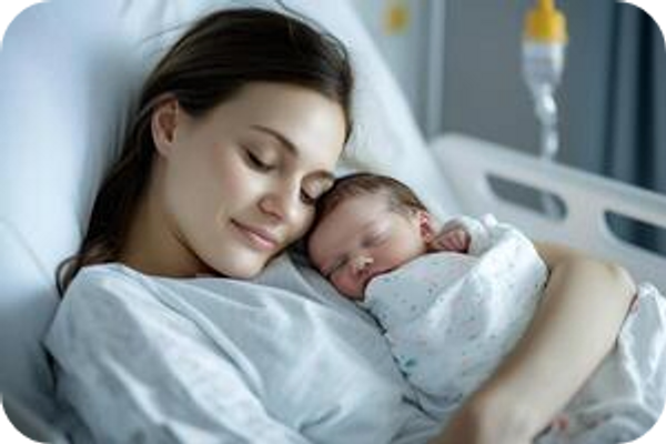 Woman holds newborn in hospital bed, celebrating IVF success and new parenthood.