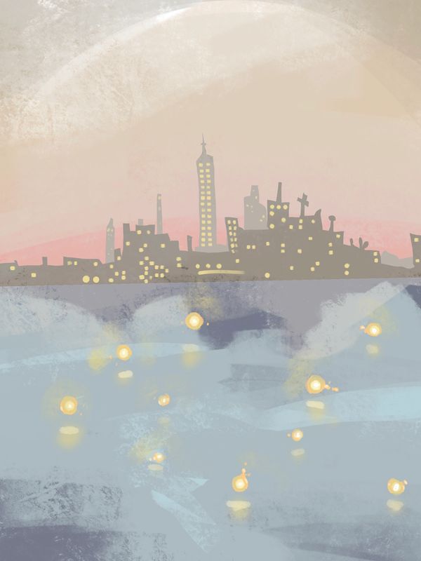 Messy, stylized city painting