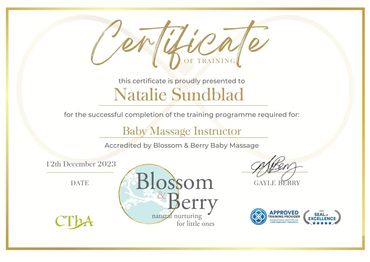 Certificate awarded to Natalie Sundblad for completing Baby Massage Instructor training.